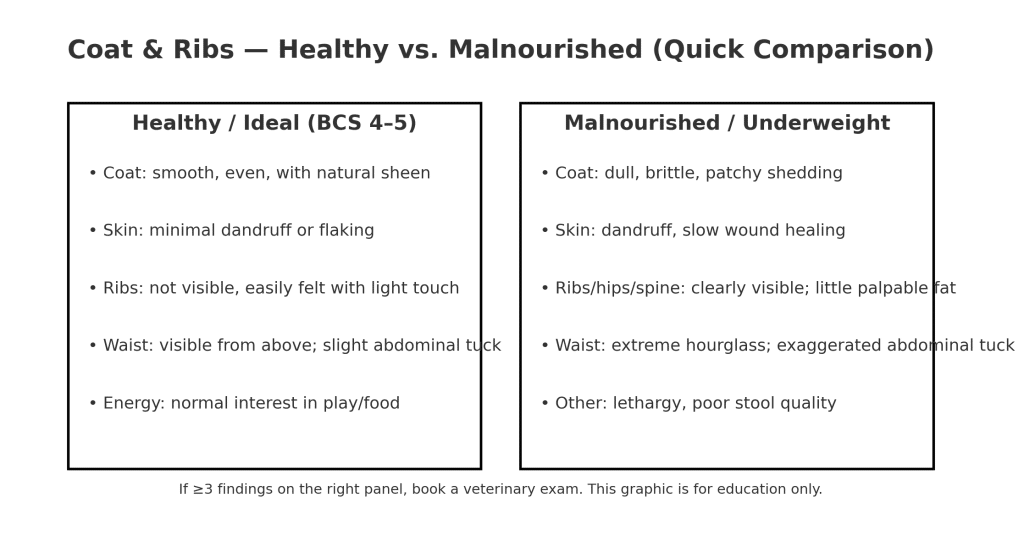 healthy vs malnourished dog: coat sheen and ribs visibility side-by-side checklist